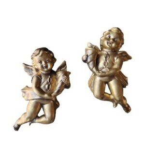 Pair Vintage Chase 7" Gold Cherub Angel Wall Hangings Décor Hollywood Regency